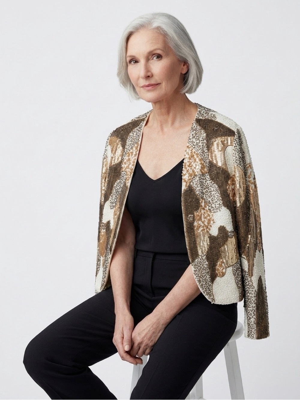 Uterque Ivory, Gold & Brown Sequin Open-Front Blazer